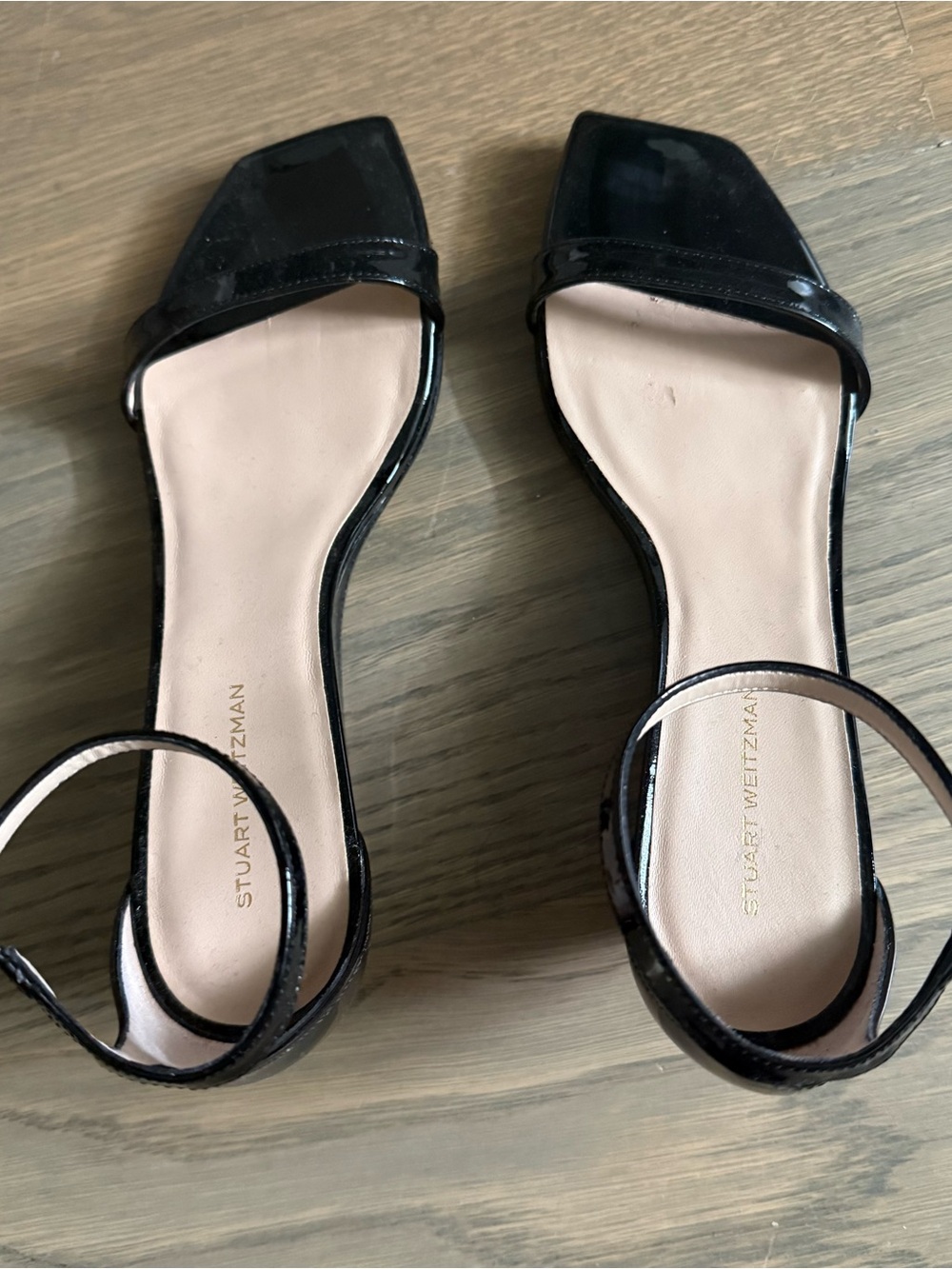 Stuart Weitzman Black Patent Square-Toe Ankle-Strap Sandals